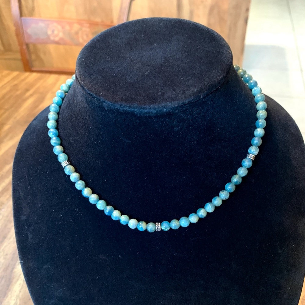 Agate 925 Sterling Stamped Silver Blue Green Necklace Beaded 16 inch - Picture 4 of 6